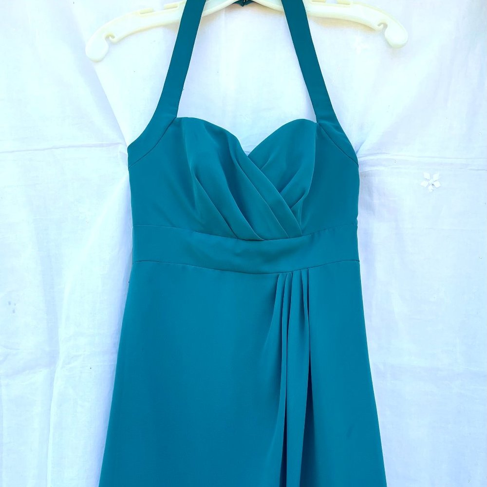 Alfred Angelo Short Bridesmaid Dress SZ 2 Teal Green "Tealness" Halter Chiffon